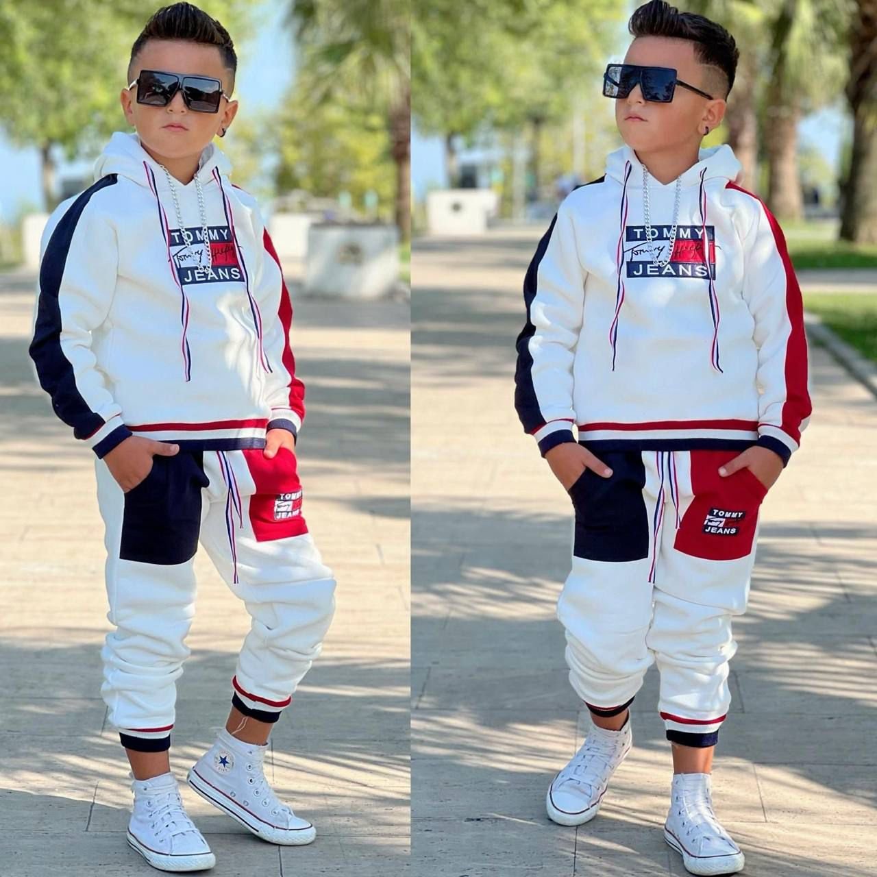 Survêtement Garçon Tommy Jeans – Sweat à Capuche Blanc + Pantalon Bicolore