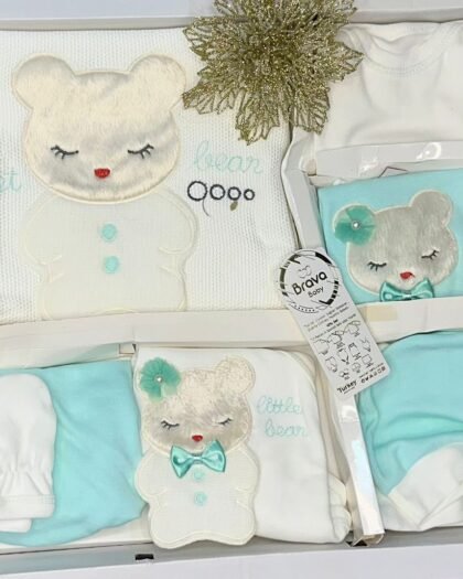 Coffret Naissance Mixte – 7 Pièces Little Bear Turquoise & Blanc | Brava Baby