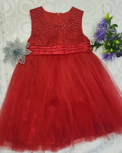 Robe de Cérémonie Fille – Rouge Tulle & Haut Perlé Sans Manches