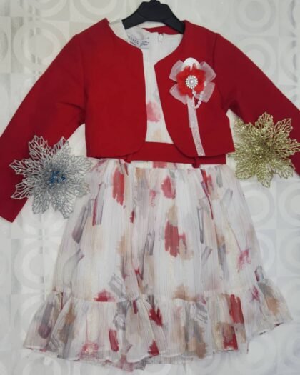 Ensemble Fille Élégant – Robe Imprimée à Volants + Boléro Rouge Fleur