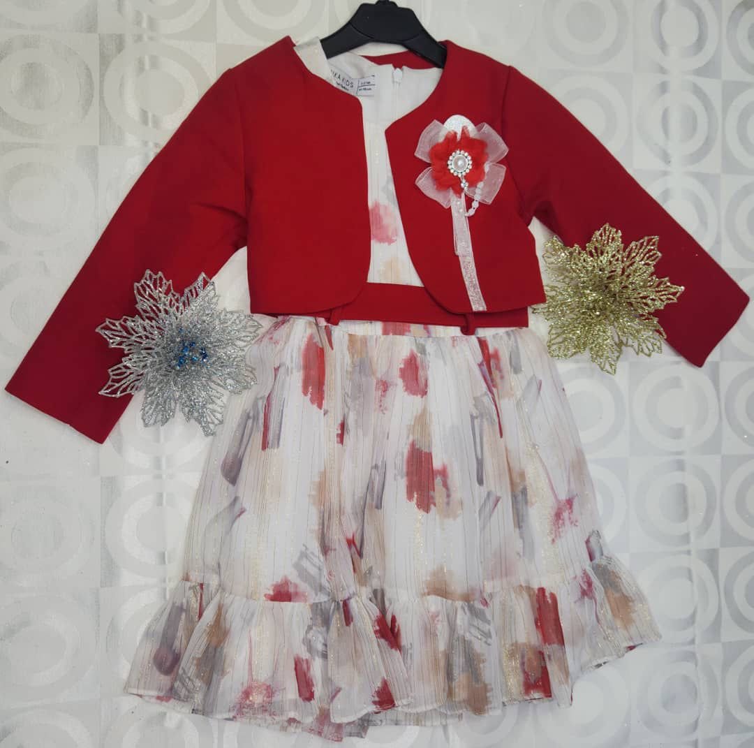 Ensemble Fille Élégant – Robe Imprimée à Volants + Boléro Rouge Fleur