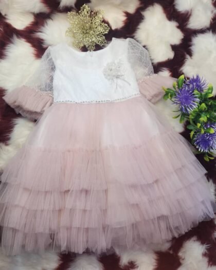 Robe Cérémonie Fille – Rose Poudré à Volants & Manches Transparentes