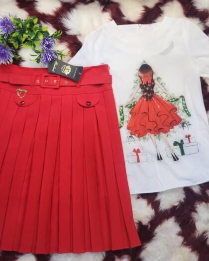 Ensemble Fille Stylé – T-shirt Imprimé & Jupe Plissée Rouge avec Ceinture