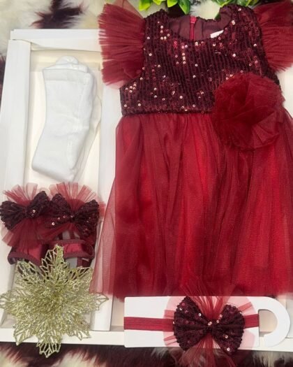 Tenue Cérémonie Bébé Fille – Robe Tulle Bordeaux + Accessoires 4 Pièces