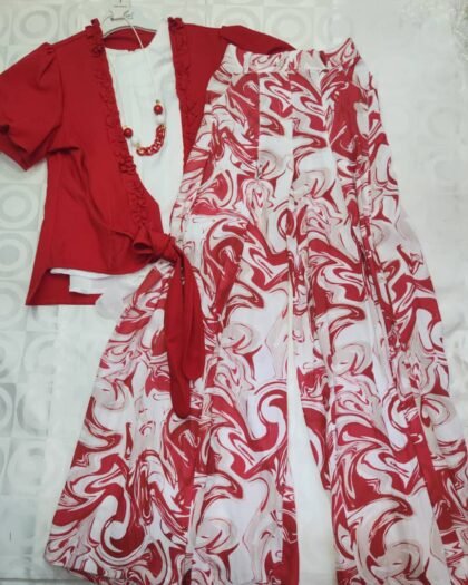 Ensemble Fille Tendance – Kimono Rouge, T-shirt Blanc & Pantalon Large Imprimé