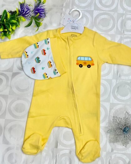 Grenouillère Bébé Jaune – Motif Bus + Bonnet Assorti