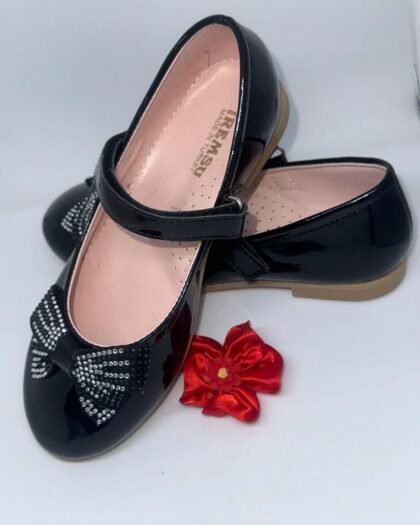 Ballerines Fille Vernies Noires – Noeud Strass & Bride Velcro