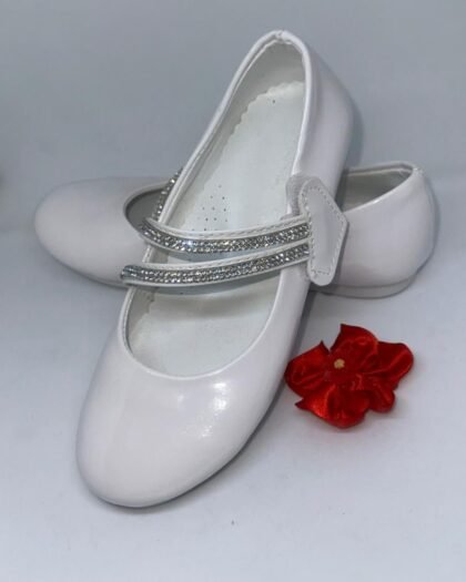 Ballerines Fille Vernies Blanches – Double Bride Strassée & Fermeture Velcro