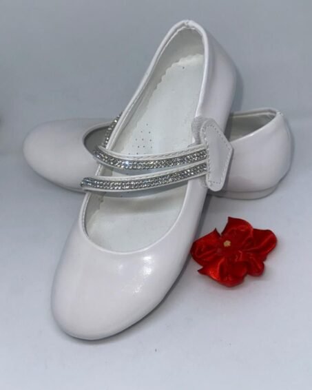 Ballerines Fille Vernies Blanches – Double Bride Strassée & Fermeture Velcro