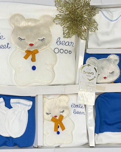 Coffret Naissance Garçon – 7 Pièces Little Bear Bleu & Blanc | Brava Baby