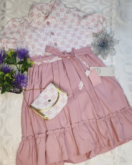 Ensemble Fille Chic – Blouse à Motifs + Jupe Rose à Volants avec Sac