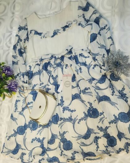 Robe Élégante Fille – Manches Longues Crème & Motifs Floraux Bleus + Sac