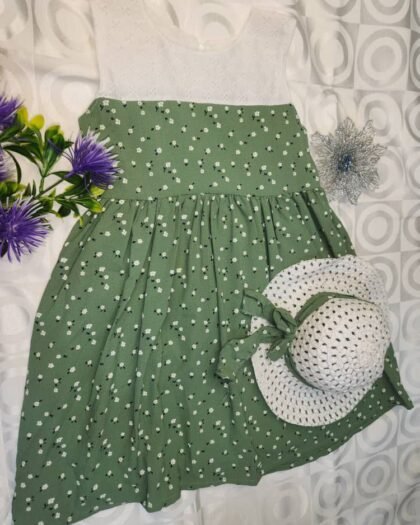 Robe Été Fille – Verte à Fleurs + Chapeau Blanc Assorti