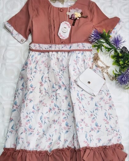 Robe Fille Élégante Bicolore – Haut Terracotta & Jupe Fleurie avec Sac Assorti